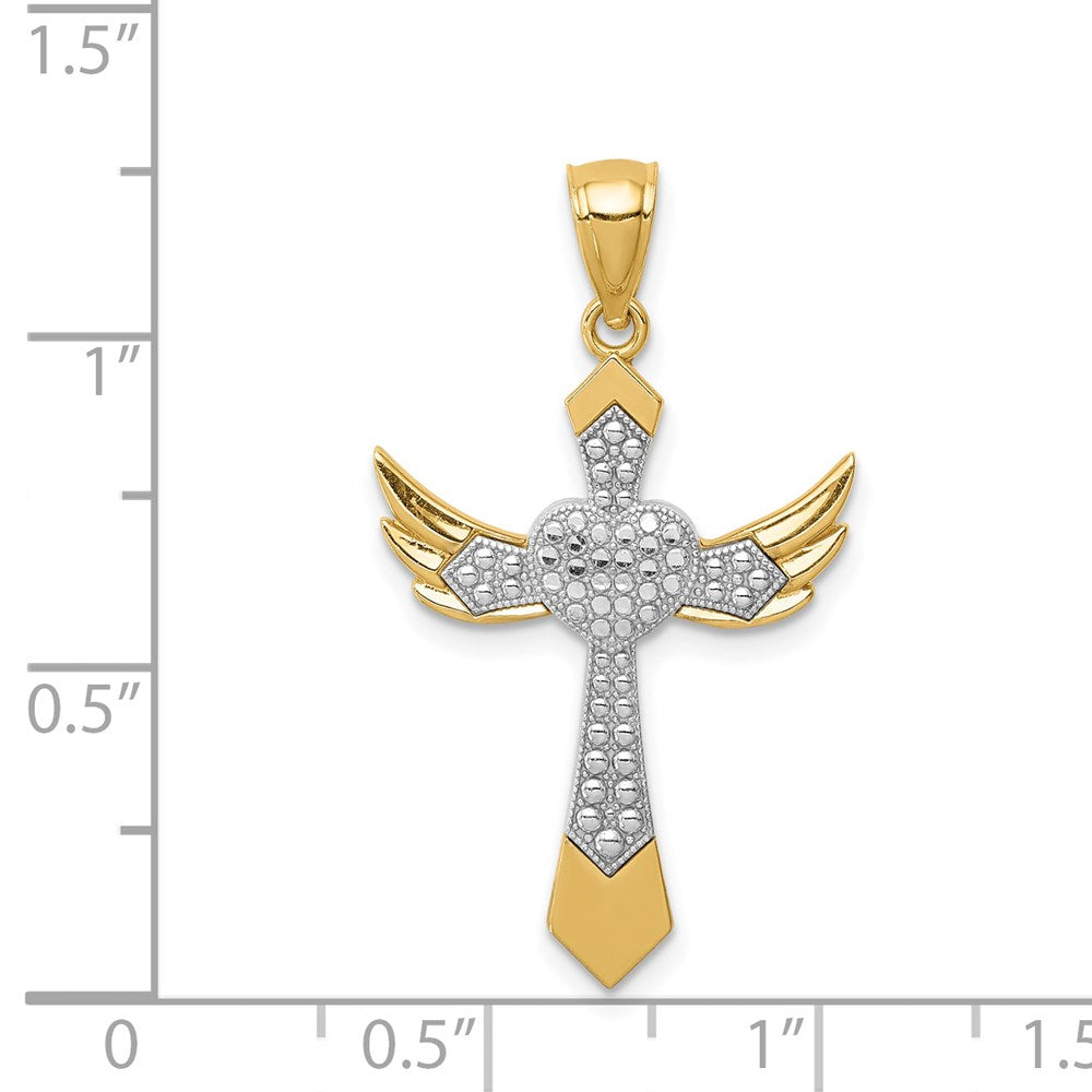 14K Gelb- und Rhodiumgold Engelsflügelkreuz-Anhänger mit Weißrhodinierung