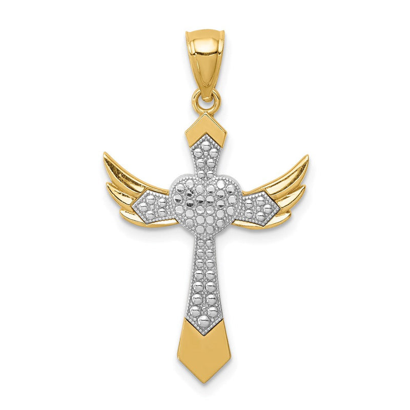 14K Gelb- und Rhodiumgold Engelsflügelkreuz-Anhänger mit Weißrhodinierung