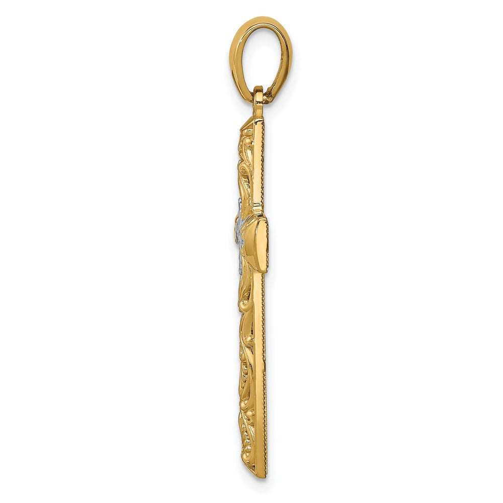 14K Gelbgold & Rhodium Kreuz-Anhänger mit Weißrhodium und diamantierter Oberfläche