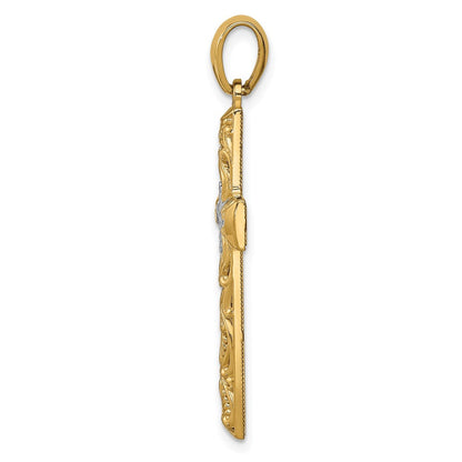 14K Gelbgold & Rhodium Kreuz-Anhänger mit Weißrhodium und diamantierter Oberfläche