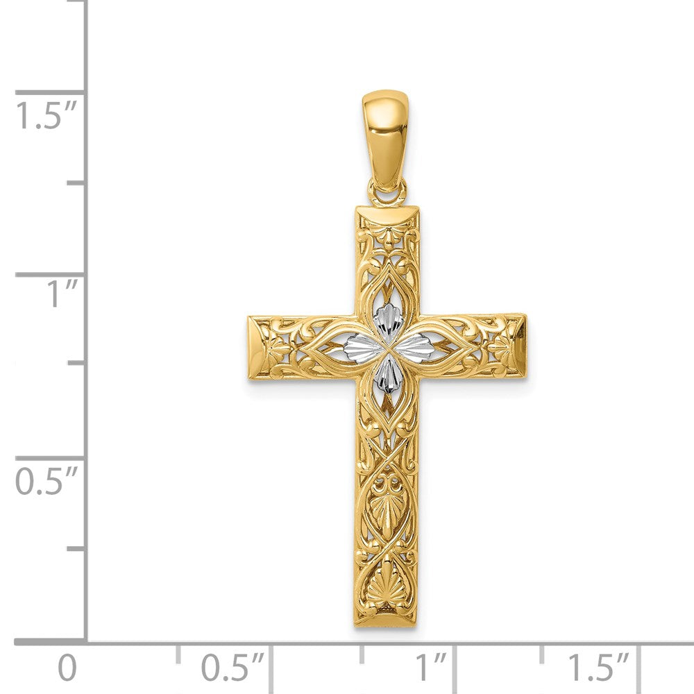 14K Gelbgold & Rhodium Kreuz-Anhänger mit Weißrhodium und diamantierter Oberfläche