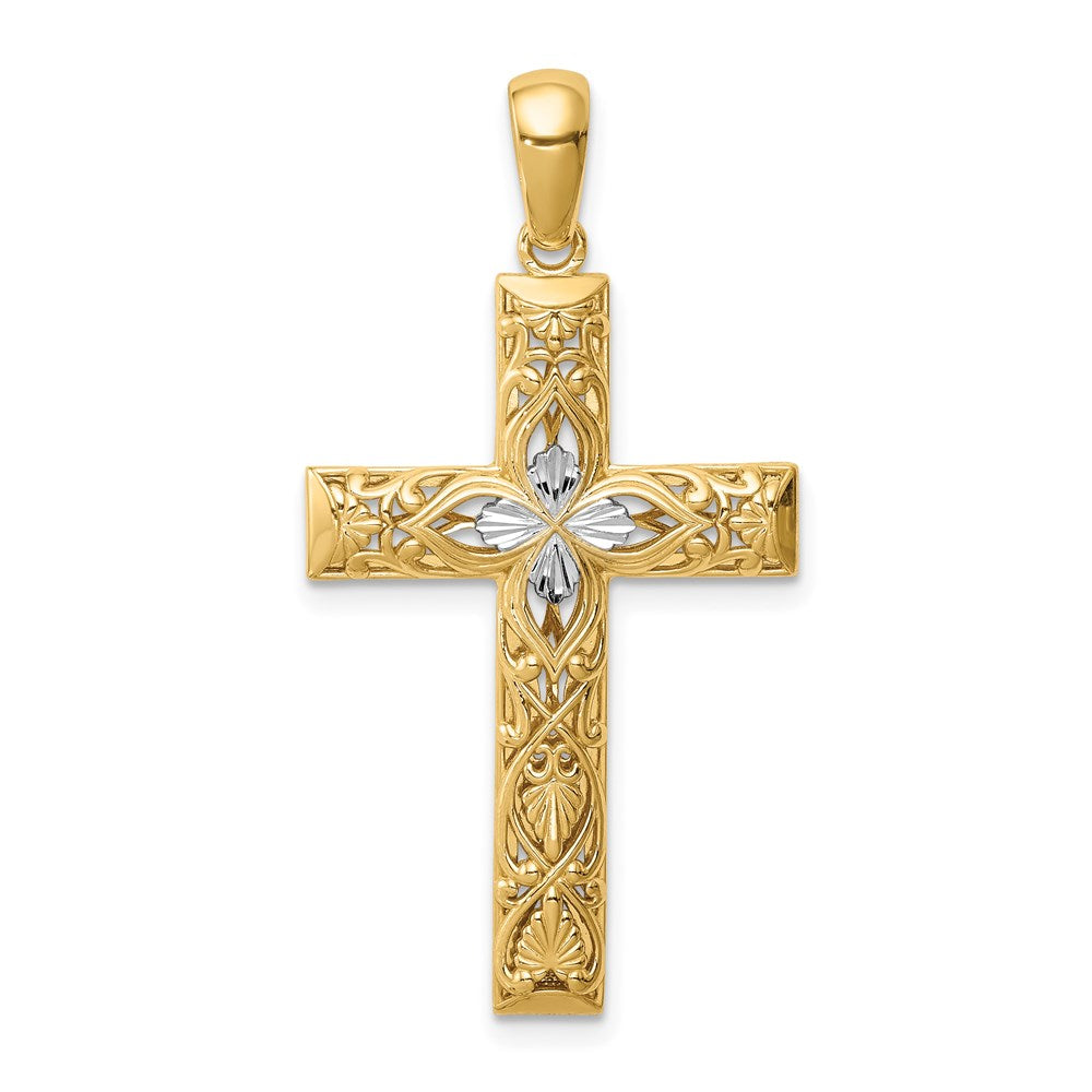 14K Gelbgold & Rhodium Kreuz-Anhänger mit Weißrhodium und diamantierter Oberfläche