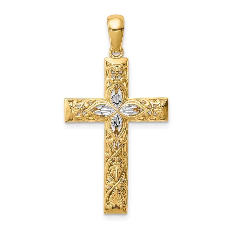 14K Gelbgold & Rhodium Kreuz-Anhänger mit Weißrhodium und diamantierter Oberfläche