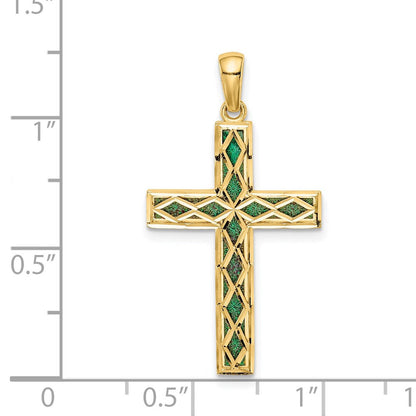 14K Gelbgold Kreuz-Anhänger, wendbar, mit grüner Emaille