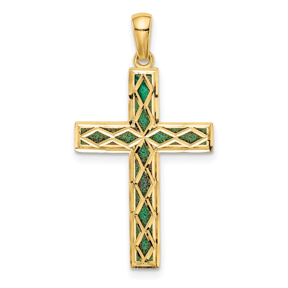 14K Gelbgold Kreuz-Anhänger, wendbar, mit grüner Emaille