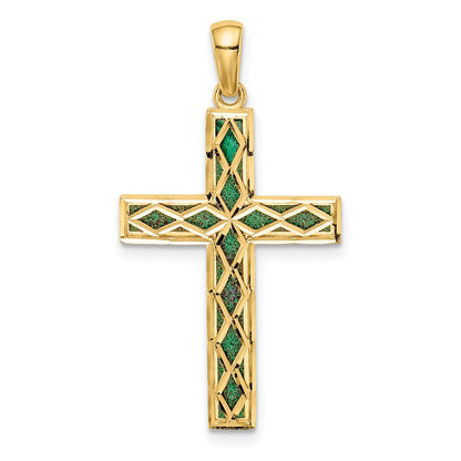 14K Gelbgold Kreuz-Anhänger, wendbar, mit grüner Emaille