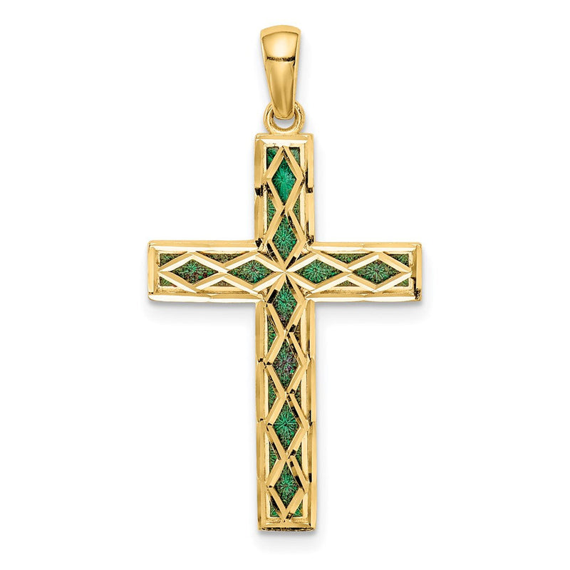 14K Gelbgold Kreuz-Anhänger, wendbar, mit grüner Emaille