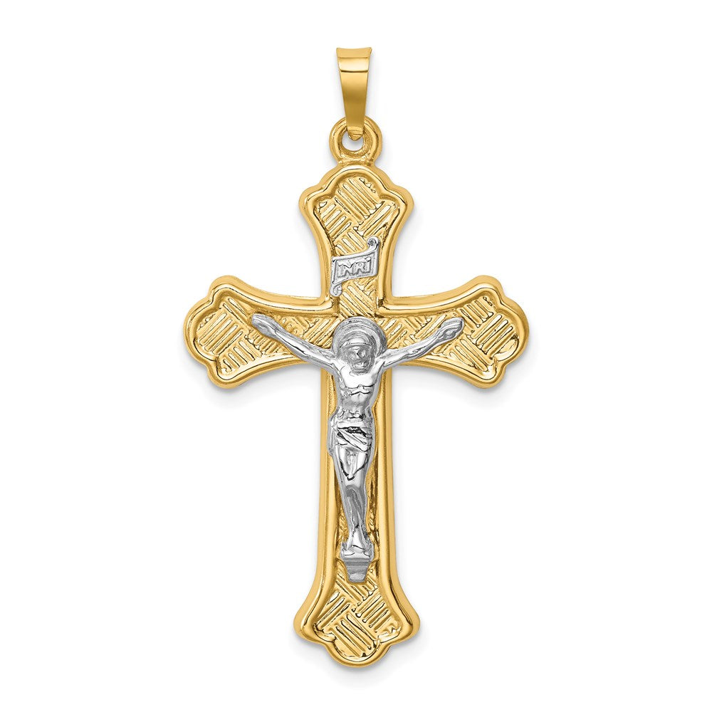 14K Bicolor 14K Bicolor Hohl Poliert Geflochten Fleur De Lis Kruzifix