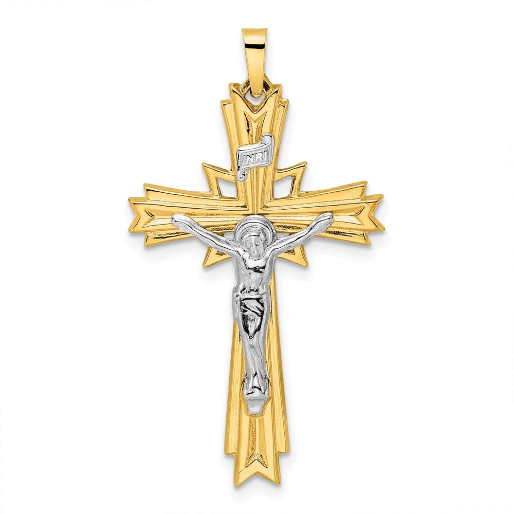 14K Bicolor-Gold Polierter Massiver Fancy-INRI-Kruzifix-Anhänger