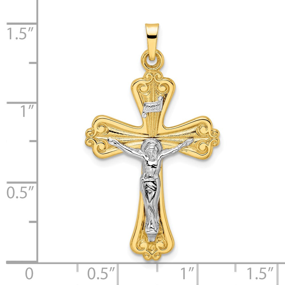 14K Bicolor-Gold Poliertes Massives INRI-Kruzifix-Kreuzanhänger