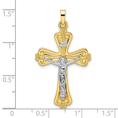 14K Bicolor-Gold Poliertes Massives INRI-Kruzifix-Kreuzanhänger