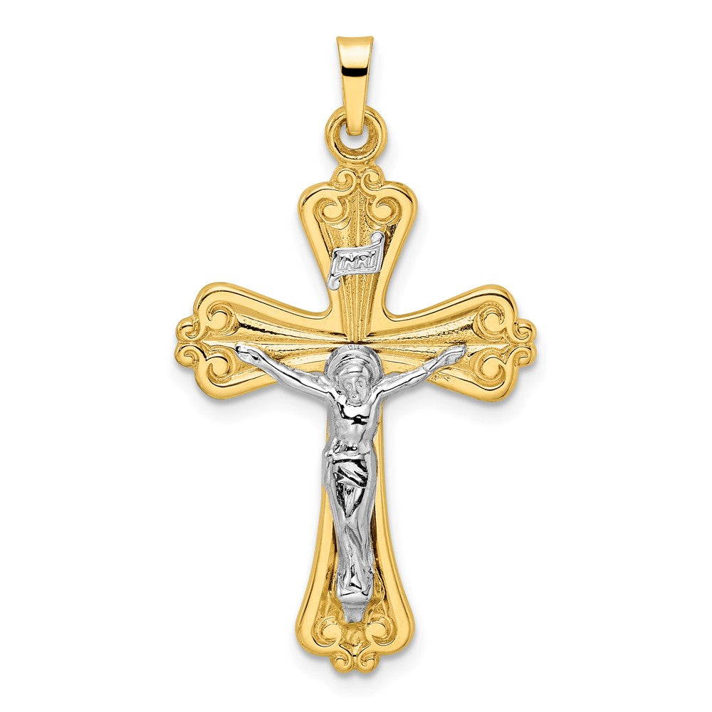 14K Bicolor-Gold Poliertes Massives INRI-Kruzifix-Kreuzanhänger