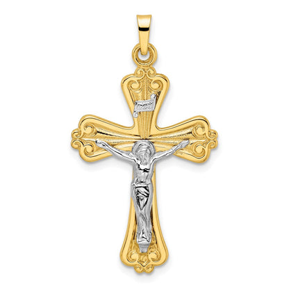 14K Bicolor-Gold Poliertes Massives INRI-Kruzifix-Kreuzanhänger