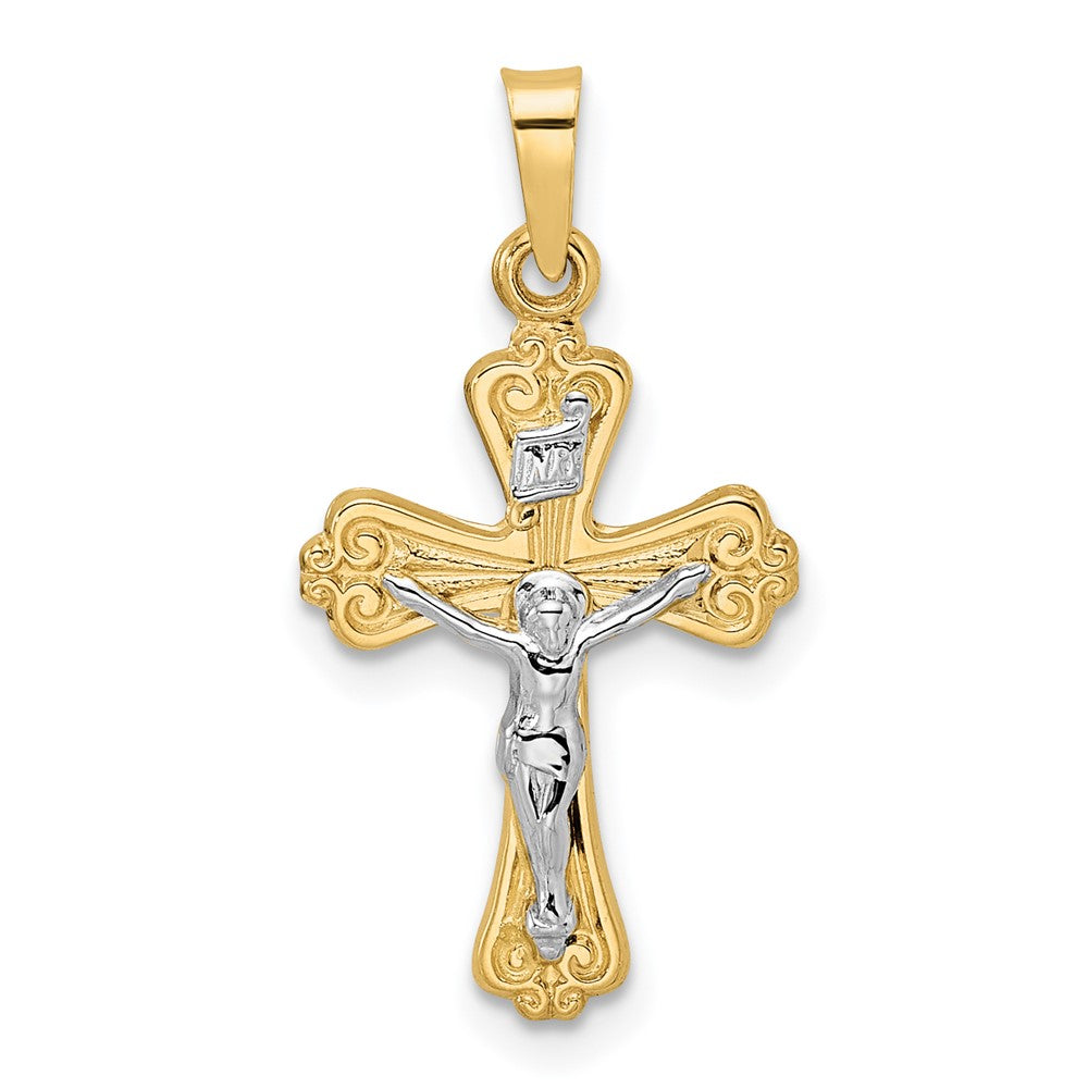 14K Bicolor Gold polierter massiver INRI-Kruzifix-Anhänger
