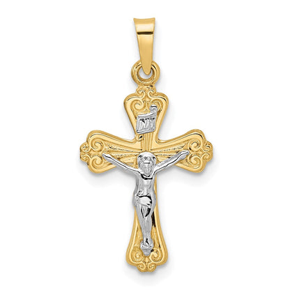 14K Bicolor Gold polierter massiver INRI-Kruzifix-Anhänger