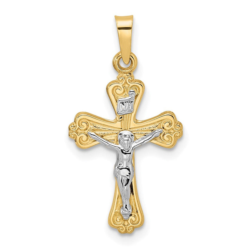 14K Bicolor Gold polierter massiver INRI-Kruzifix-Anhänger