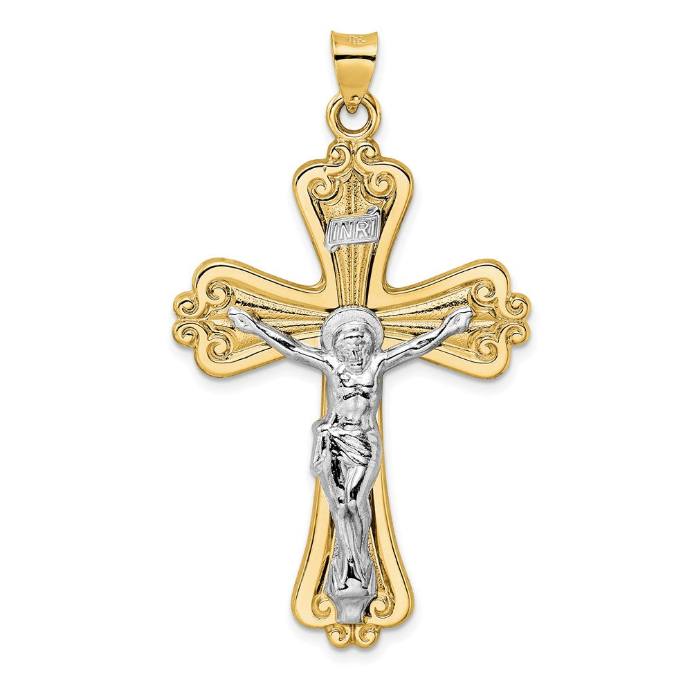 14K Bicolor-Gold Polierter Massiver Fancy-INRI-Kruzifix-Anhänger