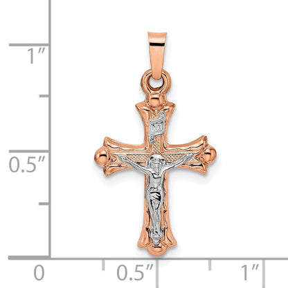 14K Bicolor 14K Rose und Weißgold Poliert Fleur De Lis Inri Hohl Kruzifix
