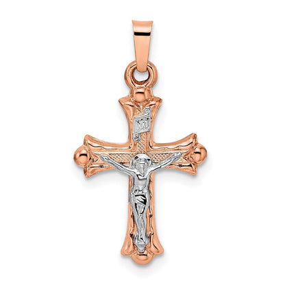14K Bicolor 14K Rose und Weißgold Poliert Fleur De Lis Inri Hohl Kruzifix