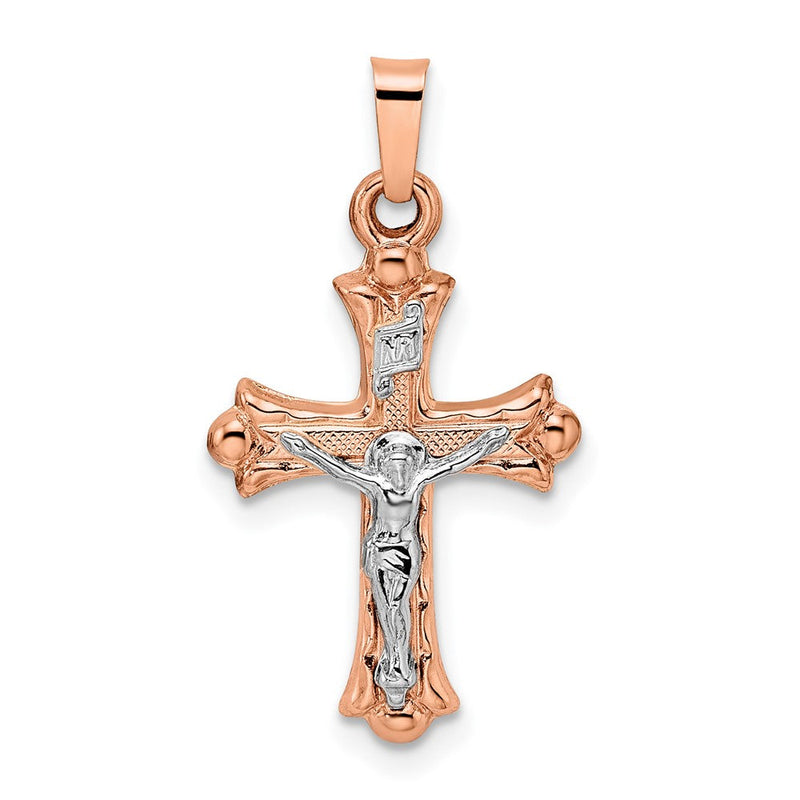 14K Bicolor 14K Rose und Weißgold Poliert Fleur De Lis Inri Hohl Kruzifix