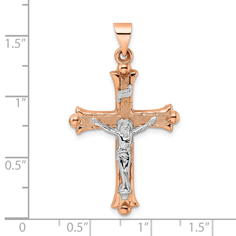 14K Bicolor 14K Rose und Weißgold Poliert Fleur De Lis Inri Hohl Kruzifix