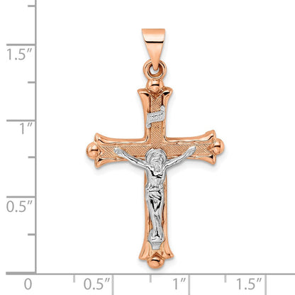 14K Bicolor 14K Rose und Weißgold Poliert Fleur De Lis Inri Hohl Kruzifix