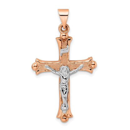 14K Bicolor 14K Rose und Weißgold Poliert Fleur De Lis Inri Hohl Kruzifix