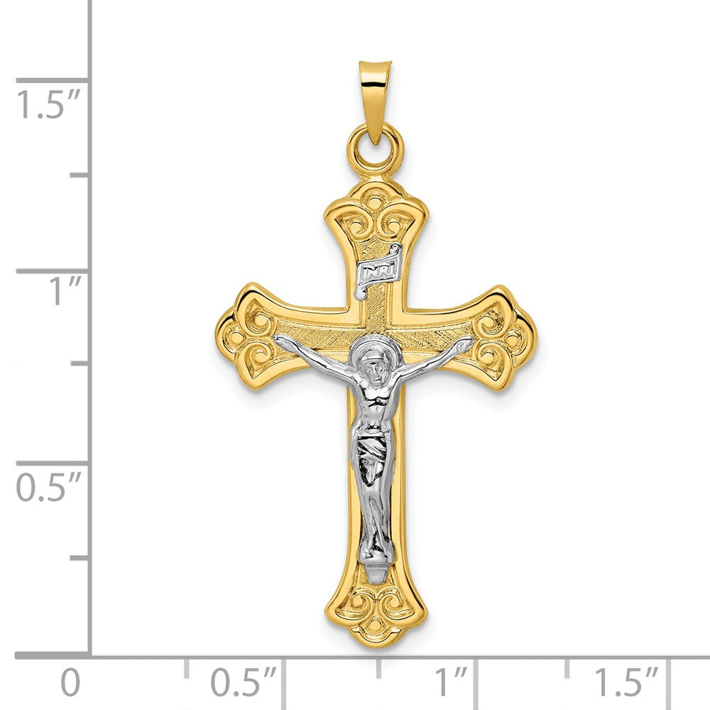 14K Bicolor Gold Polierter Massiver INRI Fleur-de-Lis-Kruzifix-Anhänger