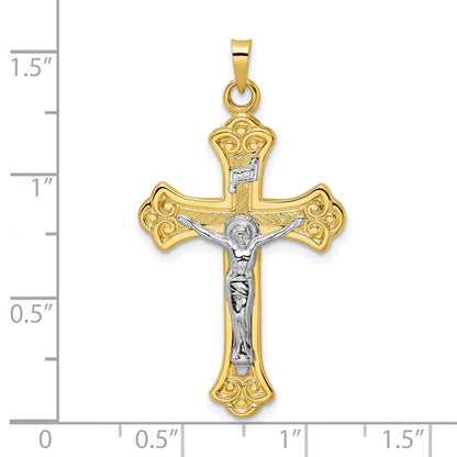 14K Bicolor Gold Polierter Massiver INRI Fleur-de-Lis-Kruzifix-Anhänger