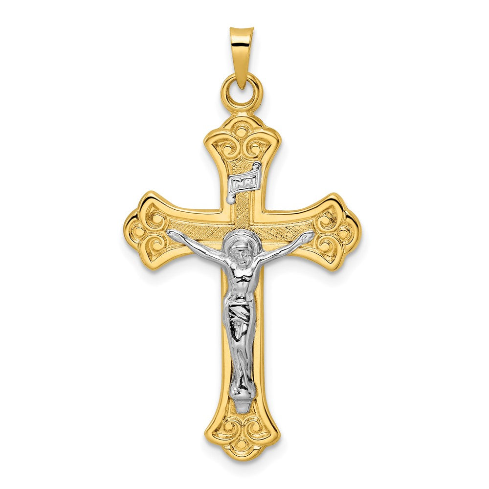 14K Bicolor Gold Polierter Massiver INRI Fleur-de-Lis-Kruzifix-Anhänger