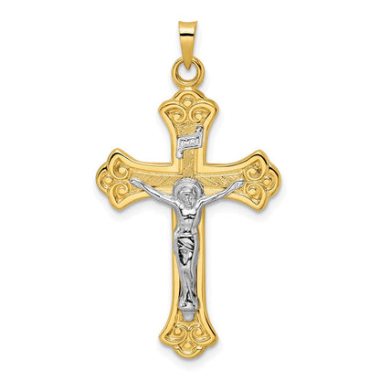 14K Bicolor Gold Polierter Massiver INRI Fleur-de-Lis-Kruzifix-Anhänger