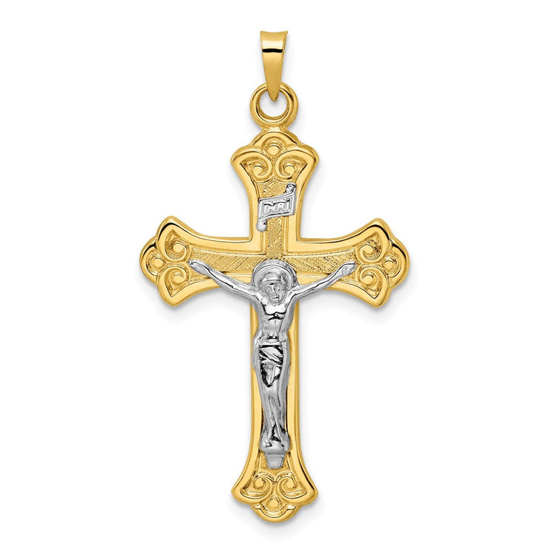 14K Bicolor Gold Polierter Massiver INRI Fleur-de-Lis-Kruzifix-Anhänger