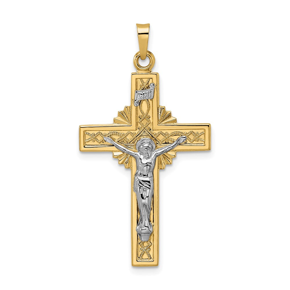 14K Bicolor Gold Polierter Massiver Keltischer INRI Kruzifix-Anhänger