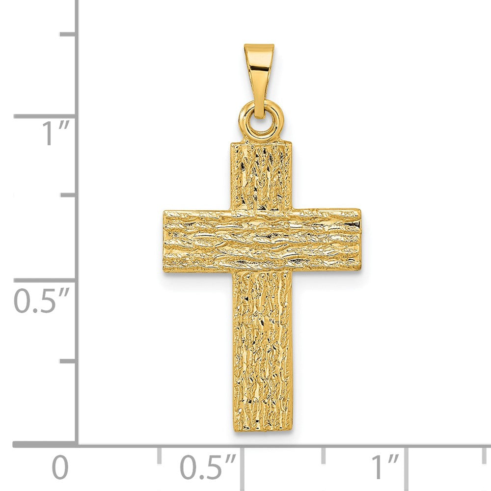 14K Gelbgold Polierter Kreuzanhänger mit Holzstruktur, massiv