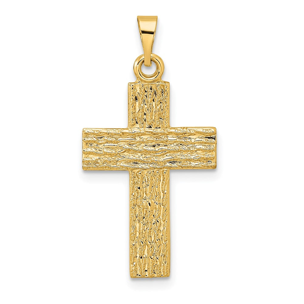 14K Gelbgold Polierter Kreuzanhänger mit Holzstruktur, massiv