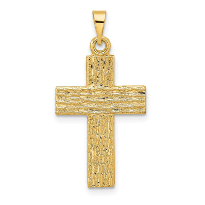 14K Gelbgold Polierter Kreuzanhänger mit Holzstruktur, massiv