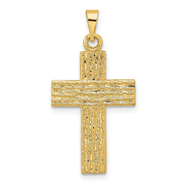 14K Gelbgold Polierter Kreuzanhänger mit Holzstruktur, massiv