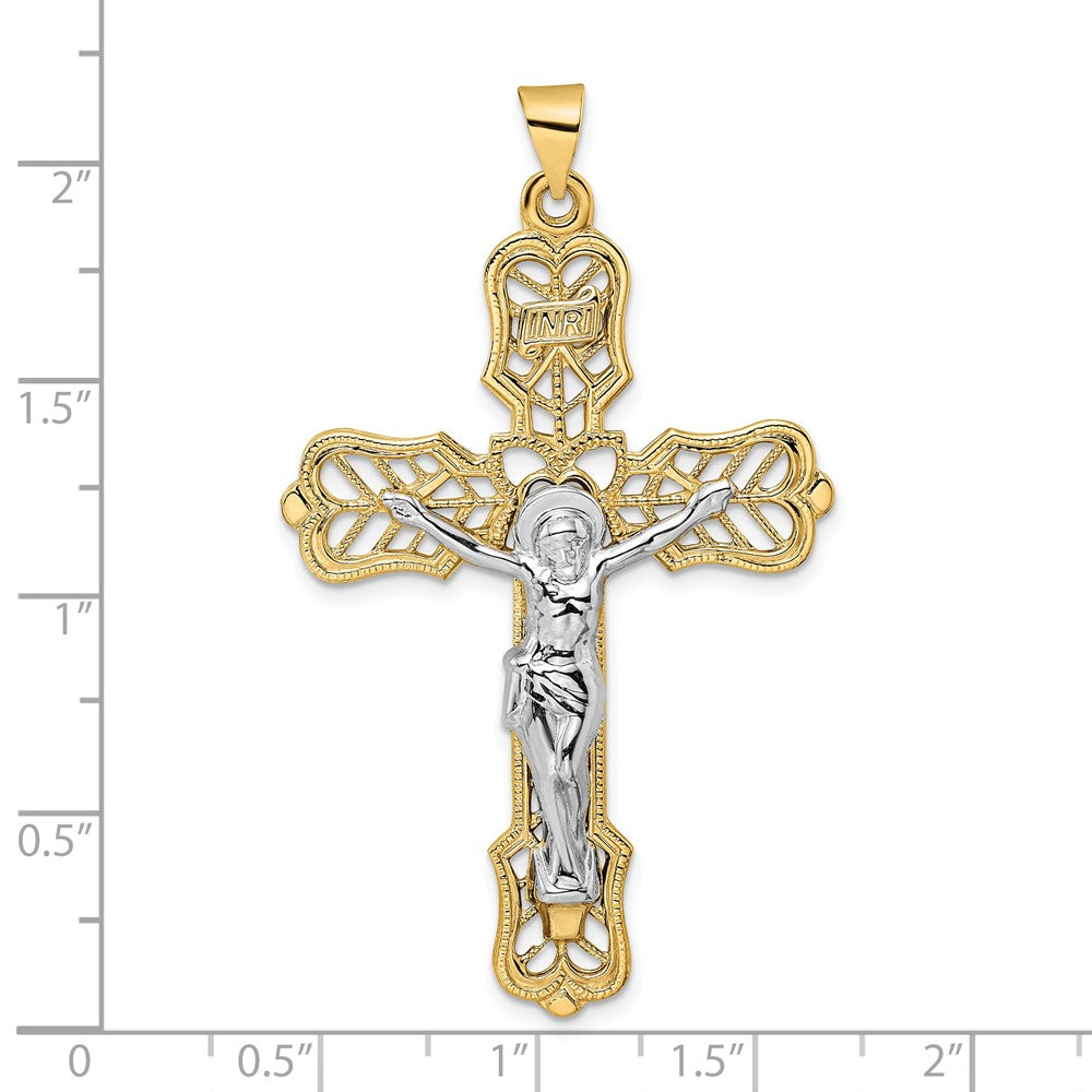 14K Bicolor Gold Massiv INRI Filigran-Kruzifix-Anhänger