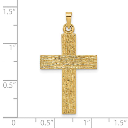 14K Gelbgold Massiver Kreuz-Anhänger mit polierter Holzstruktur