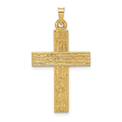 14K Gelbgold Massiver Kreuz-Anhänger mit polierter Holzstruktur