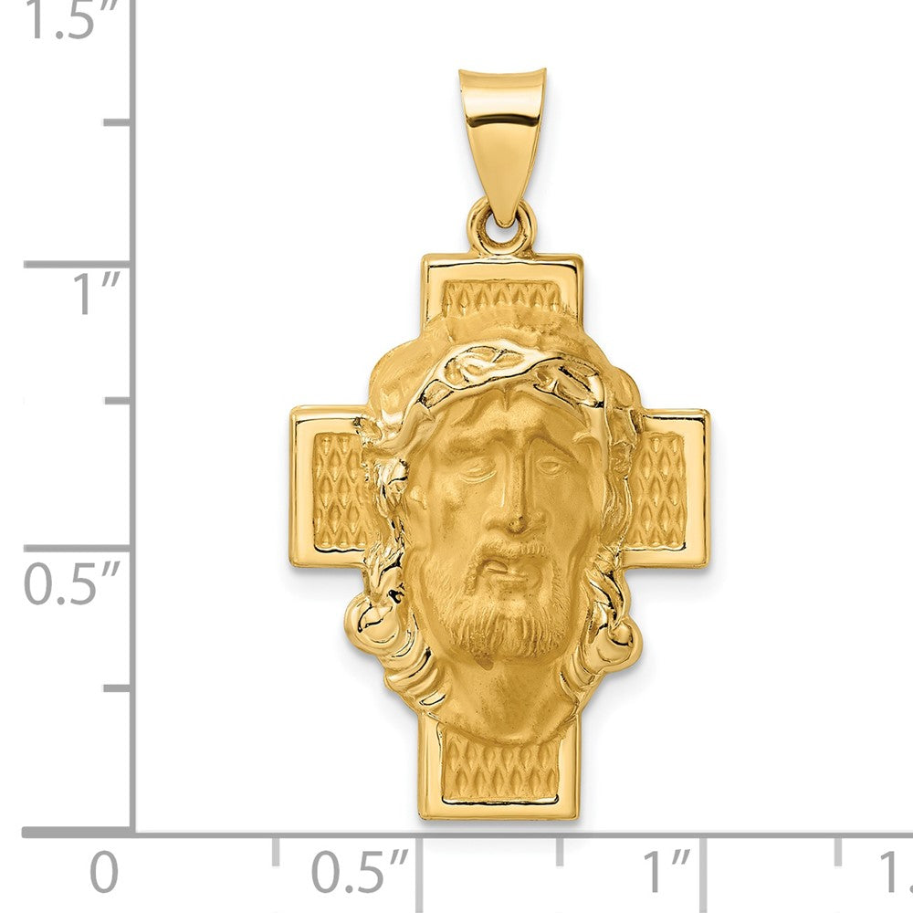 14K Gelbgold Poliert und Satiniert Hohl Jesus Face Kreuz Anhänger