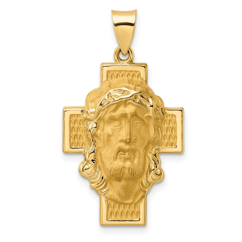 14K Gelbgold Poliert und Satiniert Hohl Jesus Face Kreuz Anhänger