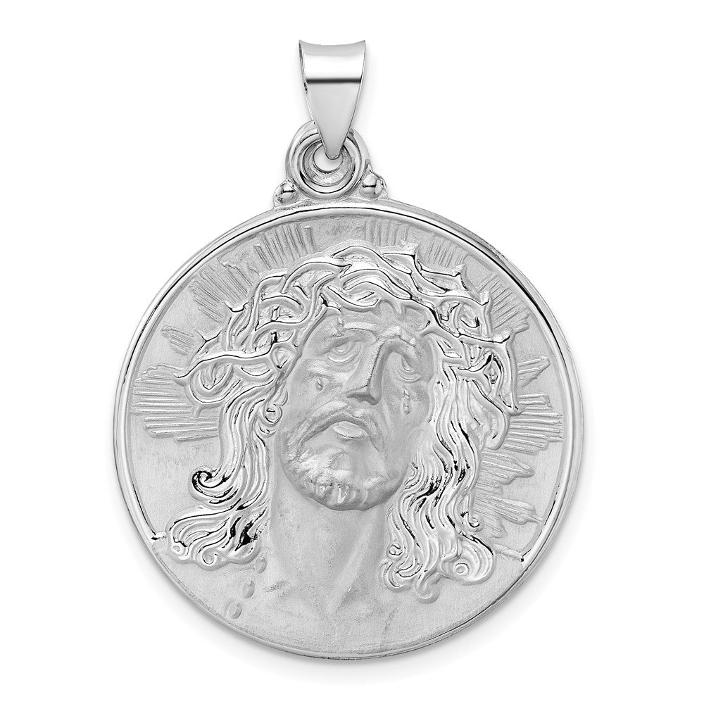 14K Weißgold Poliert und Satiniert Hohl Jesus Face Plättchen Anhänger