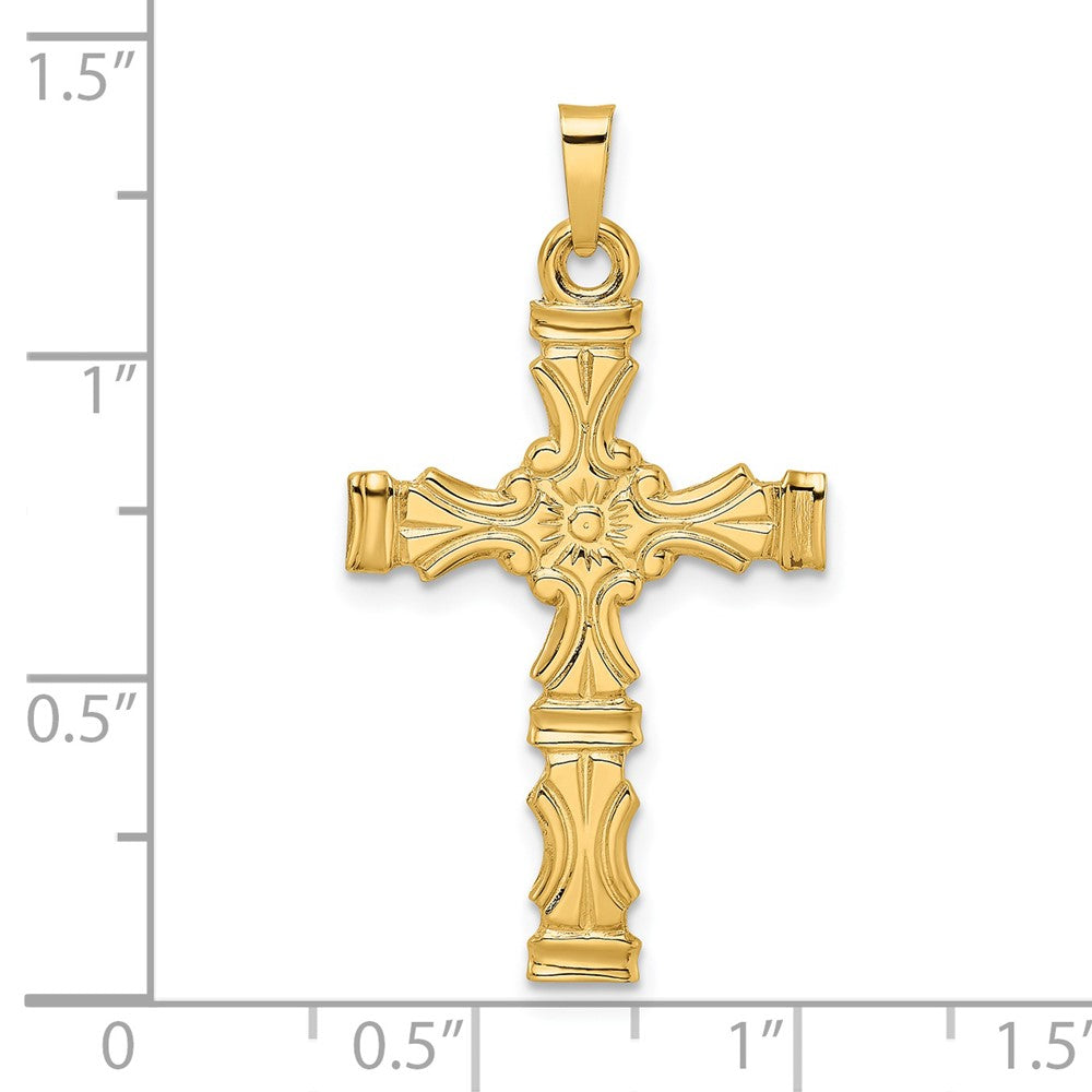 14K Gelbgold Polierter Massiver Kreuzanhänger mit Blumenmotiv in der Mitte