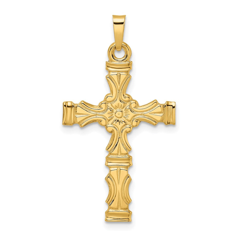 14K Gelbgold Polierter Massiver Kreuzanhänger mit Blumenmotiv in der Mitte