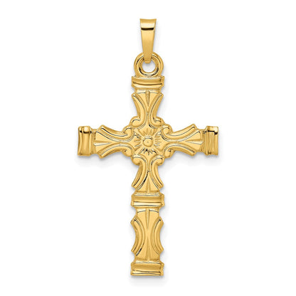 14K Gelbgold Polierter Massiver Kreuzanhänger mit Blumenmotiv in der Mitte