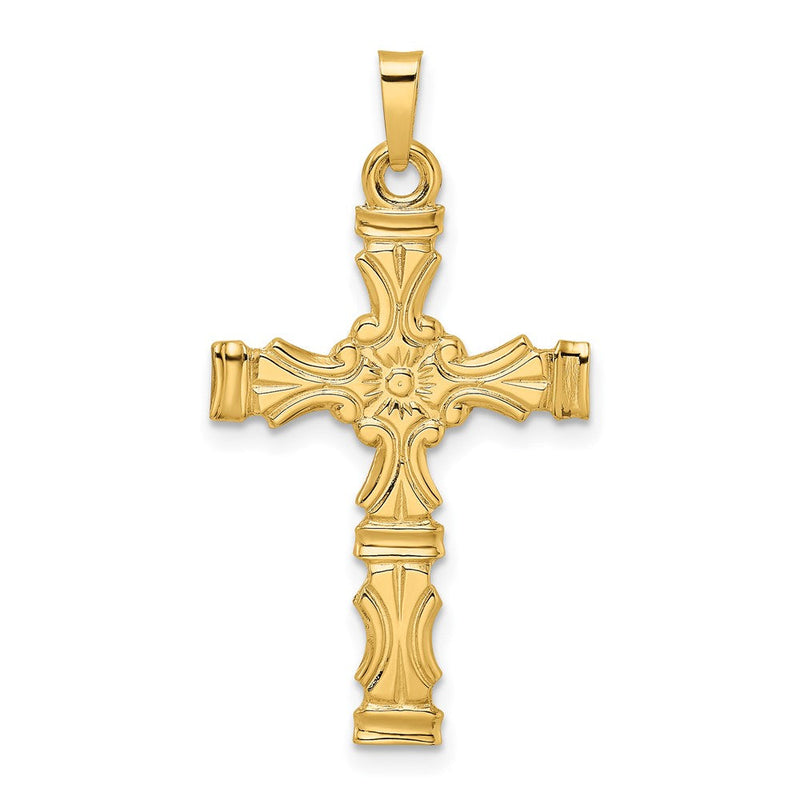 14K Gelbgold Polierter Massiver Kreuzanhänger mit Blumenmotiv in der Mitte