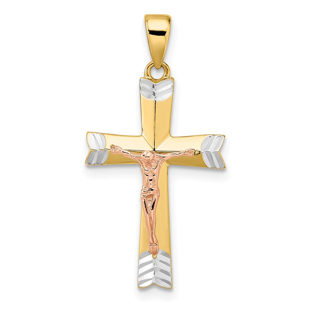 14k Gelb- & Rhodiumgold, Gelb- und Roségold mit Weißrhodium, diamantierter Kruzifix-Anhänger