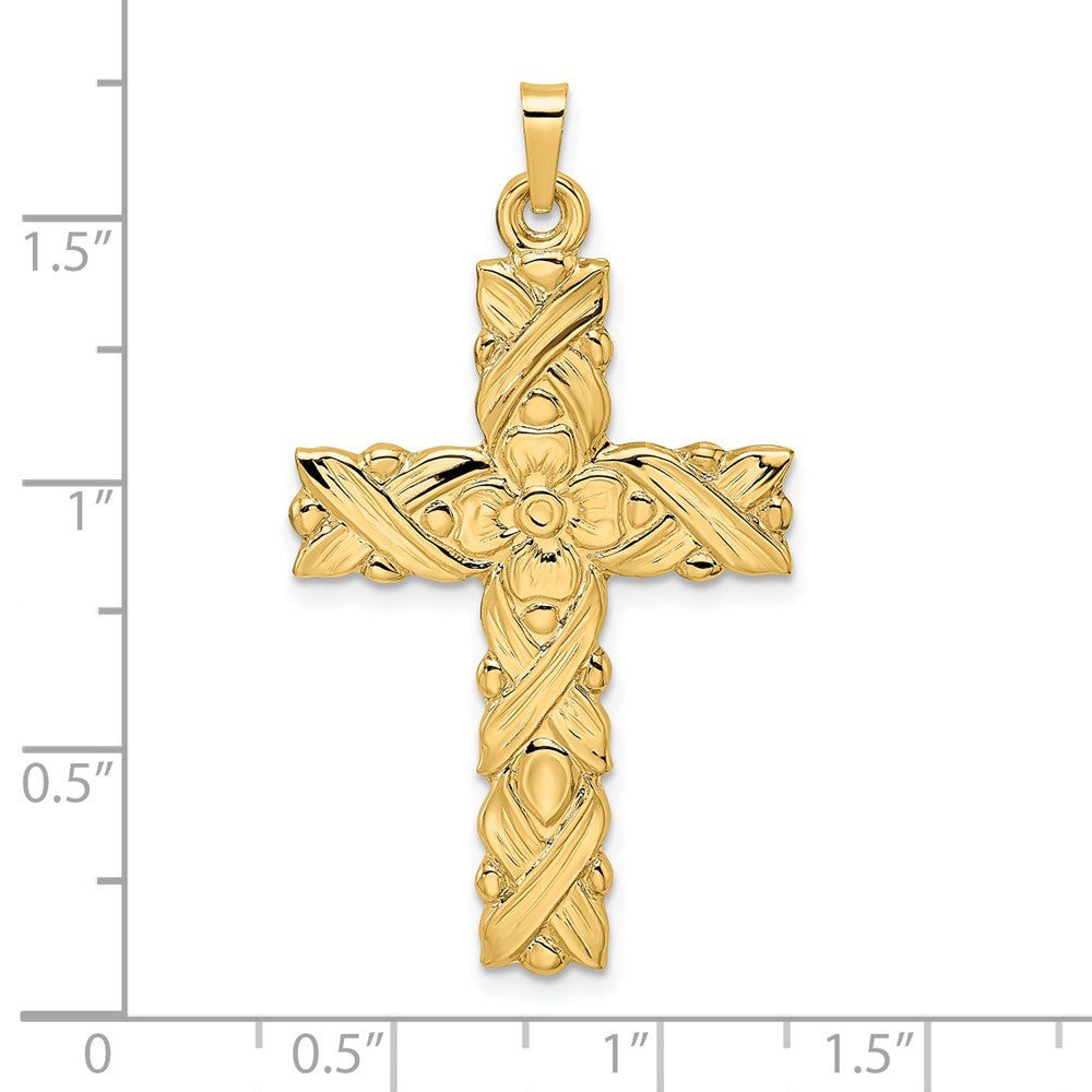 14K Gelbgold Polierter und Strukturierter Floral-Massivkreuz-Anhänger