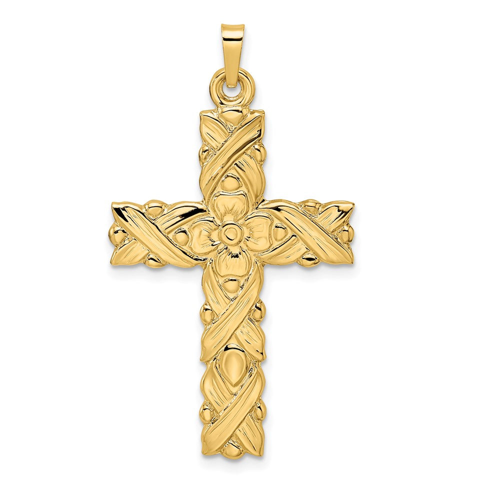14K Gelbgold Polierter und Strukturierter Floral-Massivkreuz-Anhänger